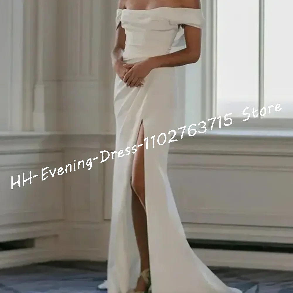 Vestidos de noche formales plisados con abertura lateral y hombros descubiertos de satén clásico vestidos de fiesta de graduación personalizados