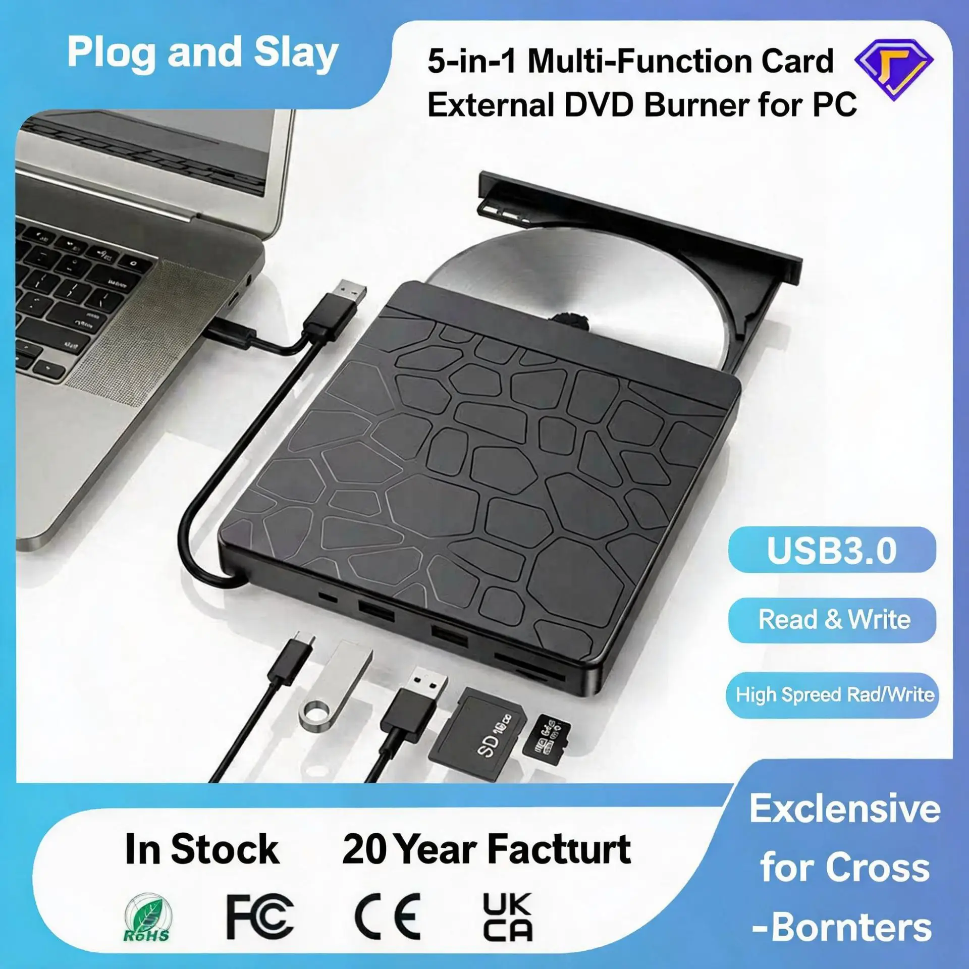 Computer Burning Optical Drive 5 in 1 Multifunctional Insert Card External Optical Drive Dock HUD Burner 2 in 1 Read DVD