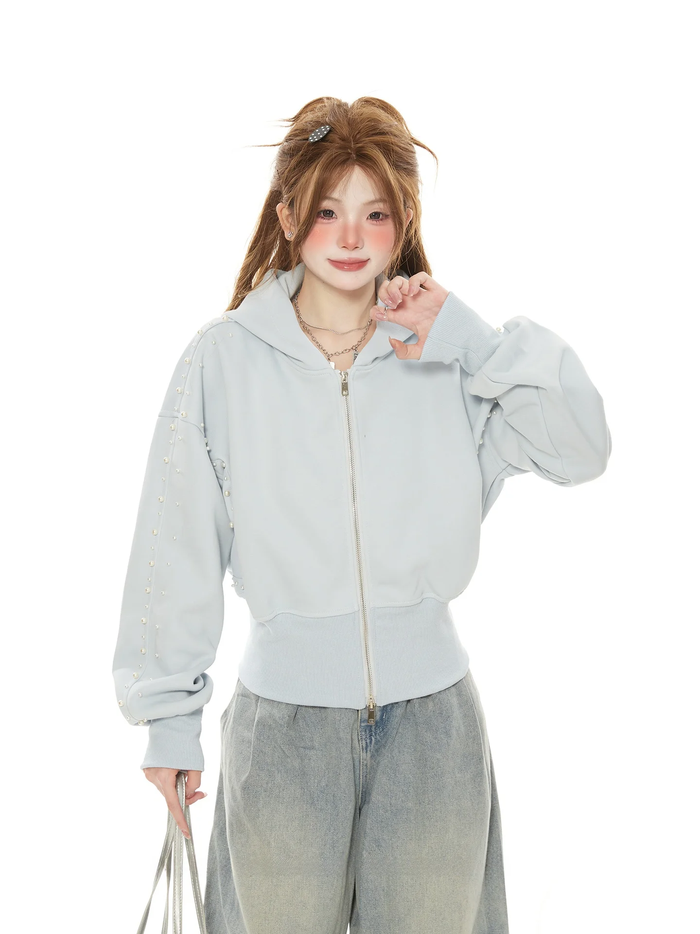 Salt Blue Pearl Embellished Short Hoodie Cardigan Women's Fashion Spring Outerwear Compact Size Commute Style Loose Fit Cotton
