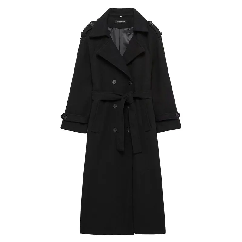 

Classic Briti Sle Double Breasted Woolen Coat 2024 Autumn Winter New Arrival Women's Versatile Long Sve Outerwear