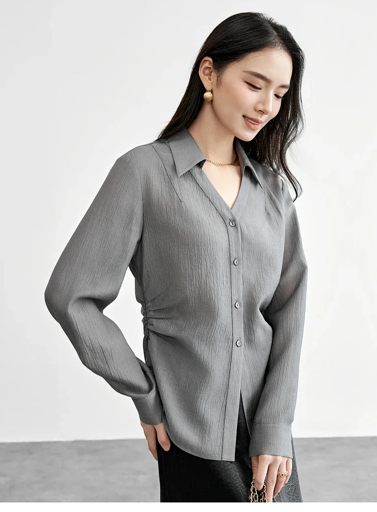 

SENTUBILA Shirred Waist Gray Shirts 2025 Spring Autumn V Neck Long Sleeve Tops Elegant Lady Button Up Shirts & Blouses 151C58132