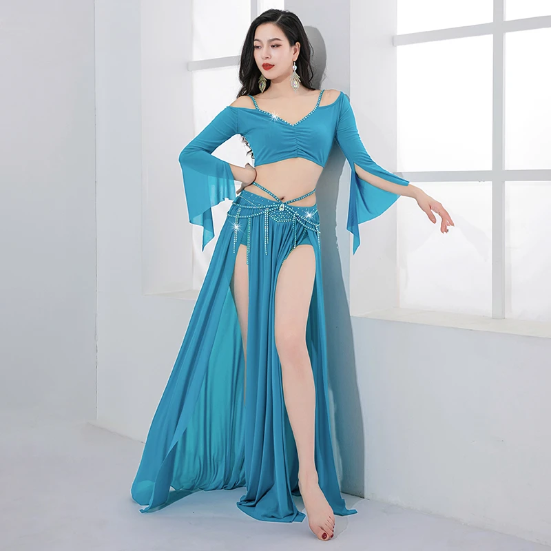 Belly Dance Costume Set for Women Half Sleeves Top+mesh AB Stones Long Skirt 2pcs Adult Oriental Belly Dancing Wear Clothing Set