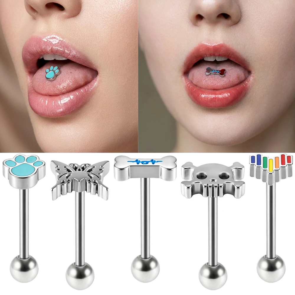 1PC 316L Stainless Steel 14G Tongue Stud Straight Barbell Paw Skull Butterfly Bone Rainbow External Thread Body Piercing Jewelry