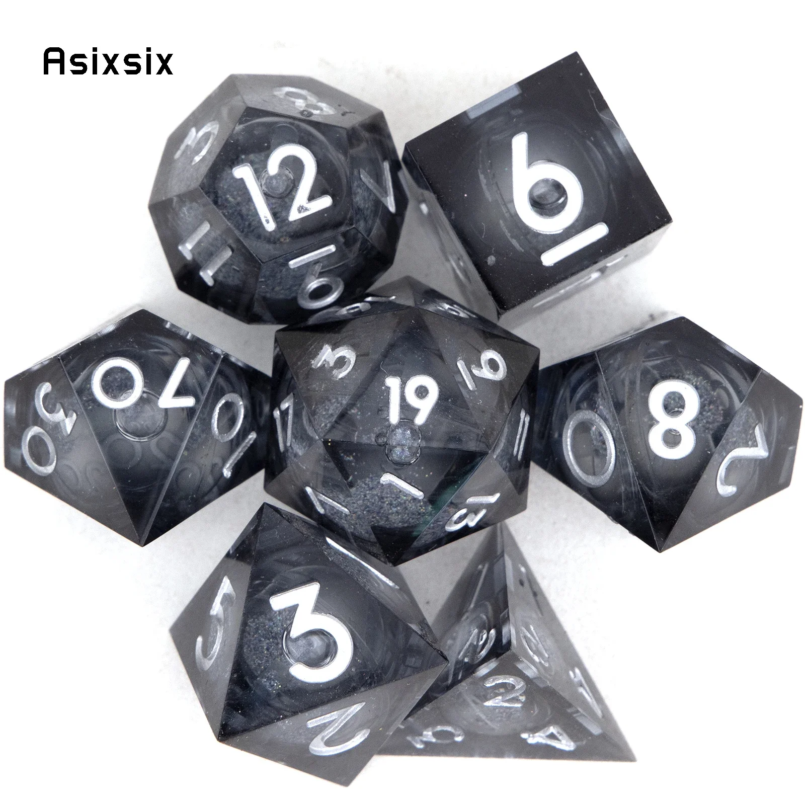 

7 Pcs Black Resin Flowing Sand White Number Sharp Edge Dice Polyhedral Dice Suitable for RPG Board Game