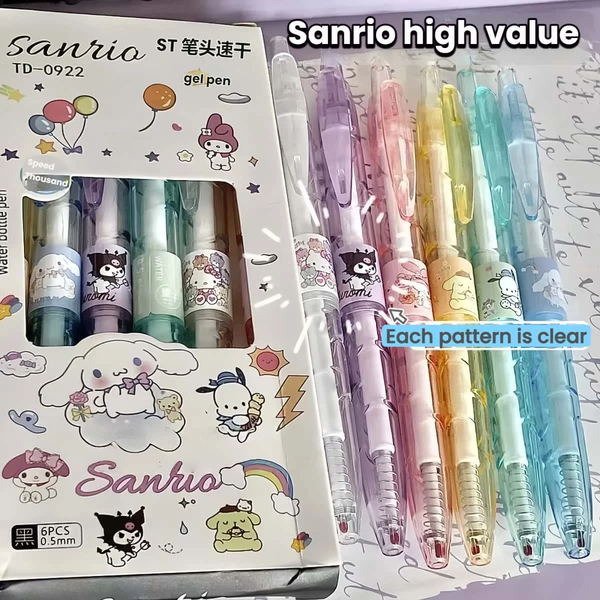 مجموعة أقلام جل سانريو الجديدة - 6 قطع من أقلام My Melody/Hello Kitty/Kuromi/Cinnamoroll/Pochacco، أقلام سريعة الجفاف مقاس 0.5 مم ST Nib للهدايا المدرسية