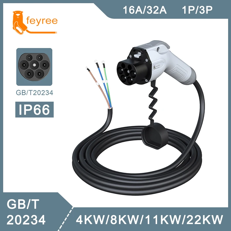 

feyree GB/T Plug EV Charger Cable 5m Cord 32A 7KW 16A 3.5KW 1Phase 11KW 22KW 3 Phase for Car Charger Station Electric Vehicle