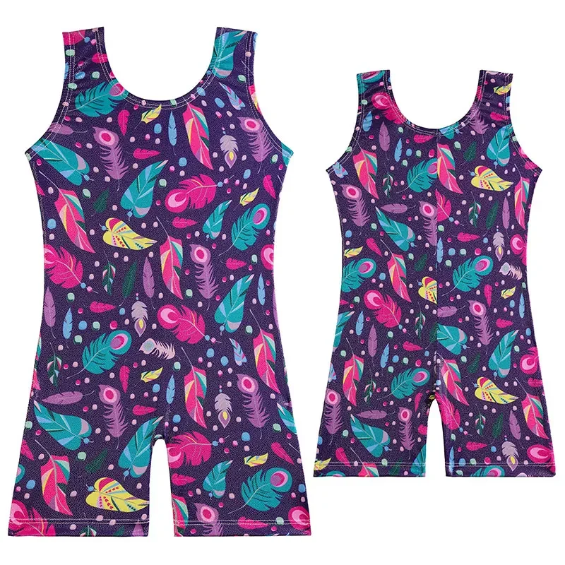 Mädchen-Gymnastik-Trikots für Kinder, bunte Muster, ärmellose Ballett-Trikots für Gymnastik, Tanz, Tank, Radfahren, Overalls