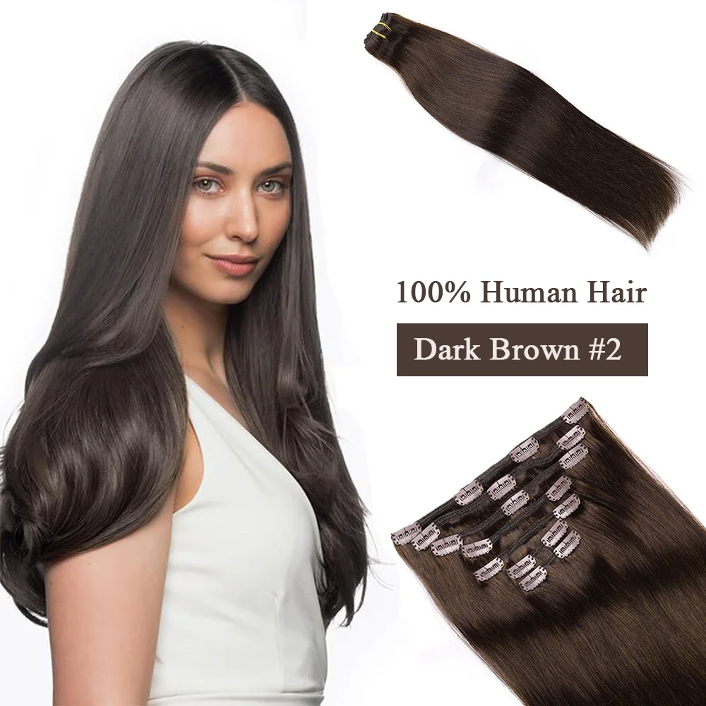 Clipe reto em extensões de cabelo para mulheres, cabelo virgem remy, sem costura, clipe invisível no cabelo, marrom escuro, 18-24 polegadas, 7PCs por conjunto, #2