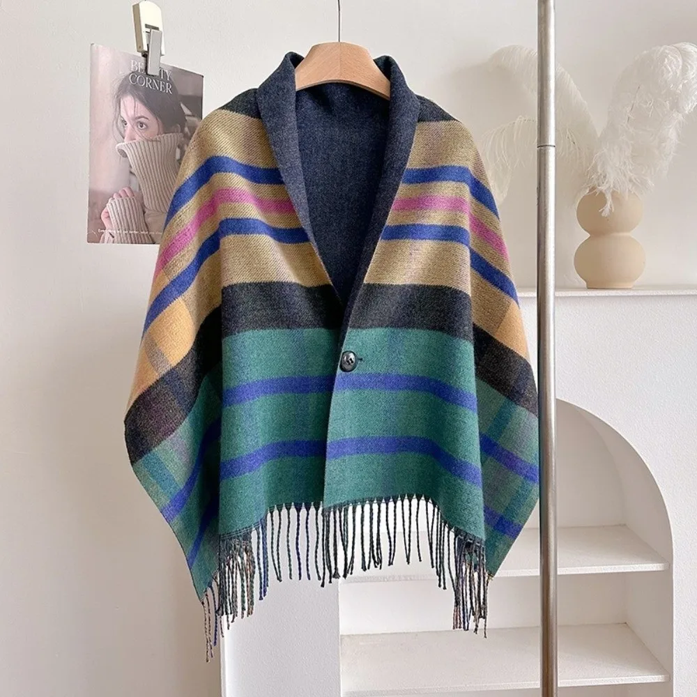 Multi-Functional Double‑Sided Plaid Poncho Shawl Faux Wool Tassel Trim Blanket Shawl Button Closure Thick Knit
