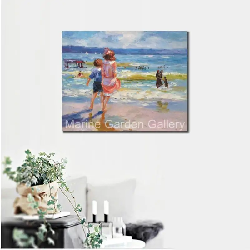 Handmade Edward Henry Potthast Seashore Oil Painting on Canvas Bright Modern Impressionist Art for Bathroom Spa Sunroom Wall