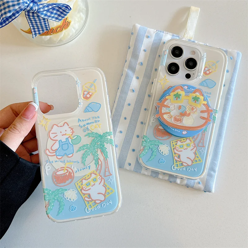 الصيف لطيف القط تهز حامل حامل جراب هاتف مغناطيسي آيفون 16 برو 14 15 برو ماكس 14 برو 16 برو ماكس غطاء حالات ل Magsafe #3