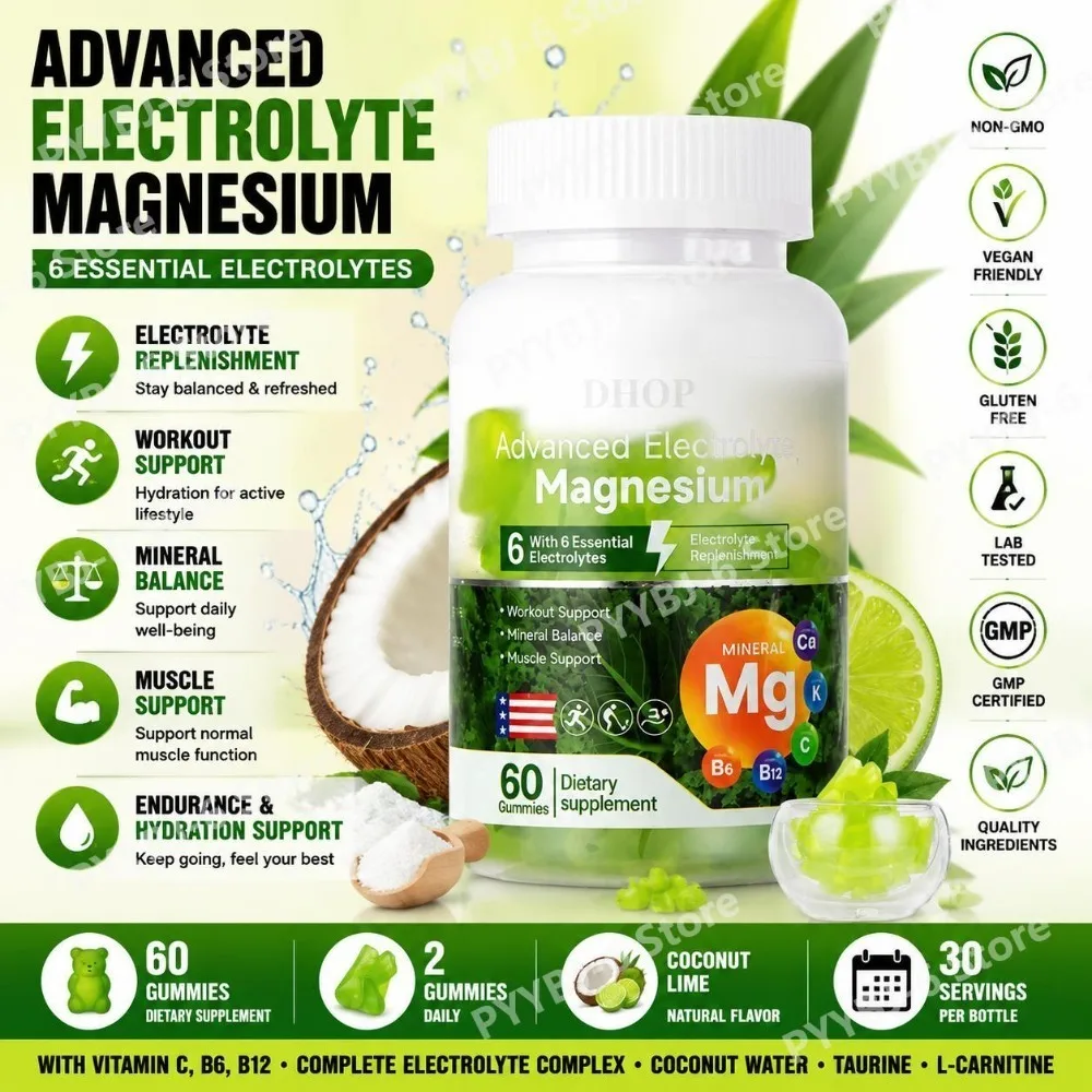 

DHOP Advanced Electrolyte Magnesium Gummies with Vitamins C, B6 & B12, 6 Electrolytes for Workout & Muscle Support, 60 Gummies