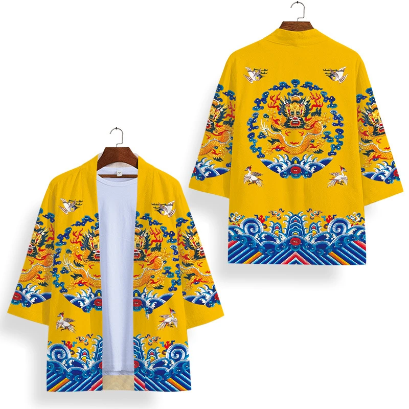 

Men Women Cosplay Chinese Style Yellow Dragon Print Cardigan Yukata Loose Clothing Harajuku Samurai Kimono And Shorts Set