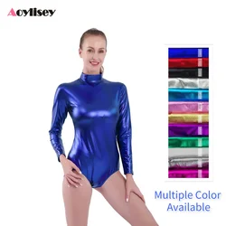 Adult Shiny Metallic  Long Sleeve High Neck  Ballet Dance Wear Leotards  Gymnastics Bodysuits Stage Performance Costume jumpsuit