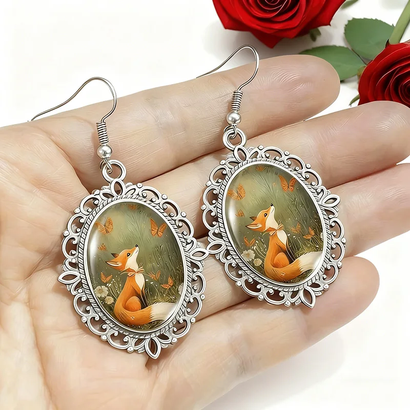 Vintage Oval Forest Fox Dome Glass Dangle Earrings For Women Woodland Animal Jewelry Gifts