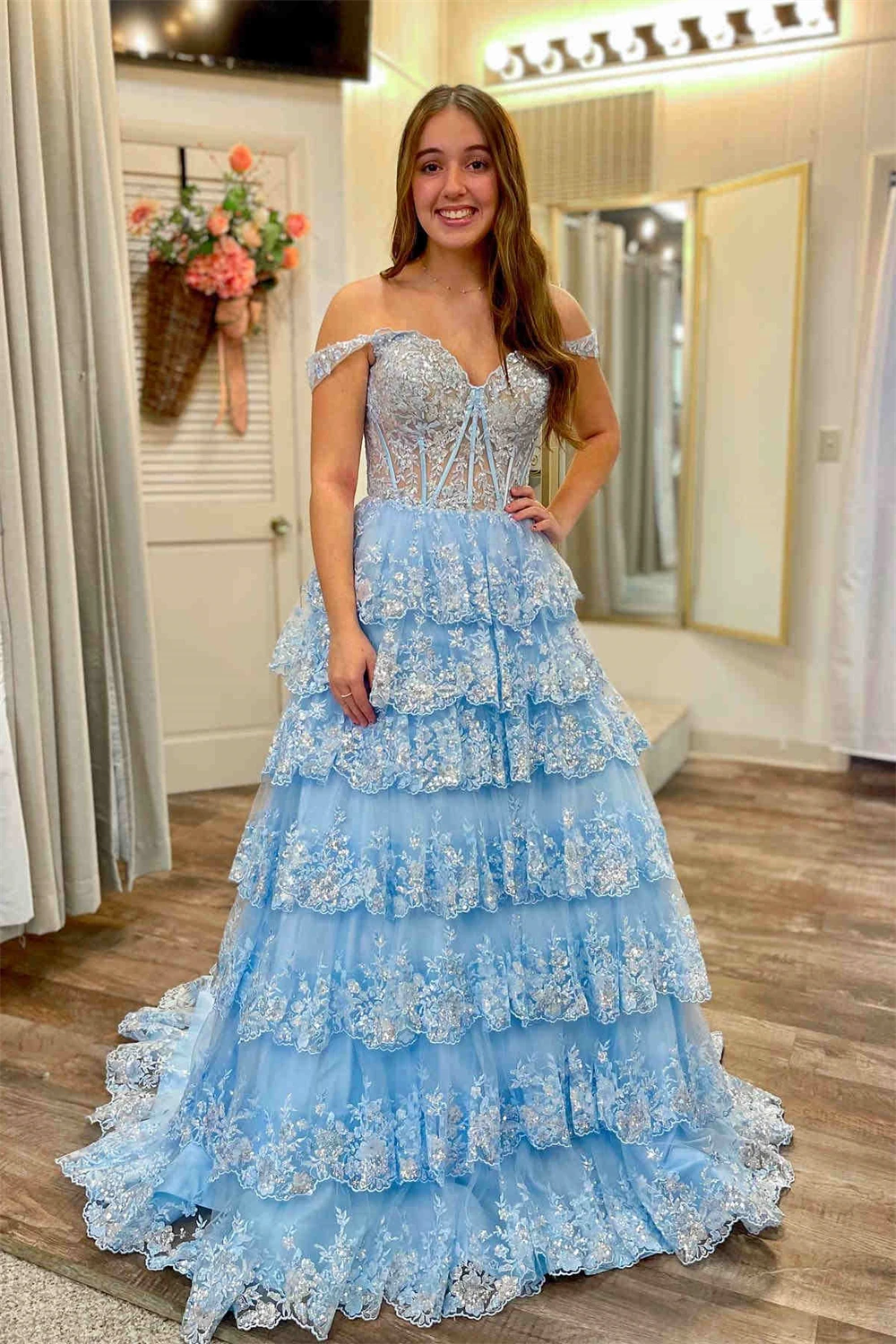 Off-the-shoulder Sweetheart Tiered Ruffles Evening Dresses Lace Appliques Sheer Corset Prom Gowns A-line Long Formal Ball Gowns