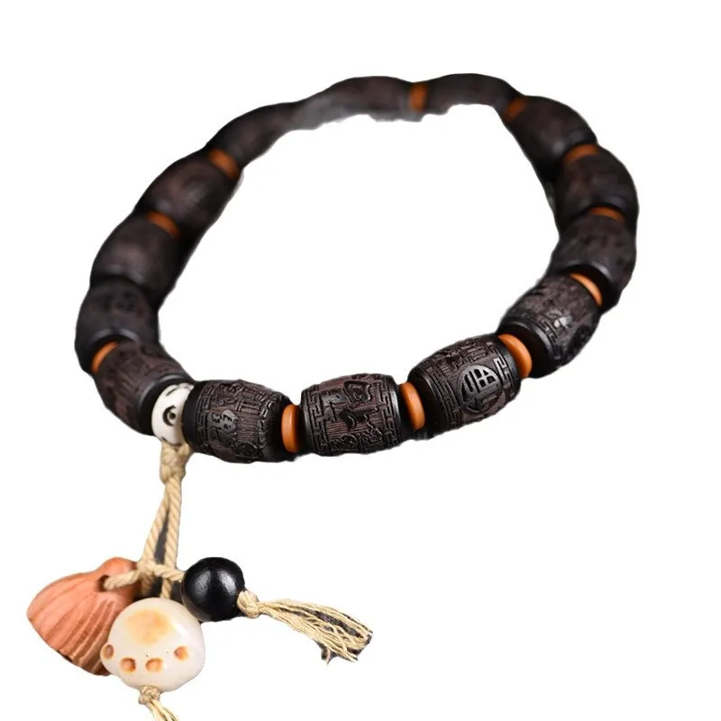 Natural Purple Sandalwood Small Hole Prayer Bead Bracelet Carved Hundred Blessings Unisex Fashion DIY Cultural Play Jewelry