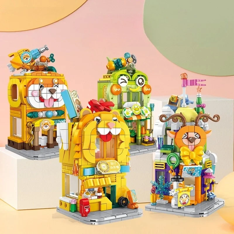 

MOC Cartoon Animal Grocery Store Commercial Street Building Block Set Reindeer Frog Lion Shop Grocery Ski Toys Children Birthday