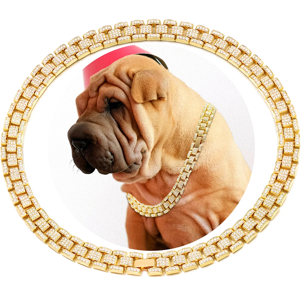 Dog Chain Collar Gold Silver Color 16MM Cuban Link Chain Dog Collar Miami luxury Full Rhinestone Metal Chain Collar Pet Necklace