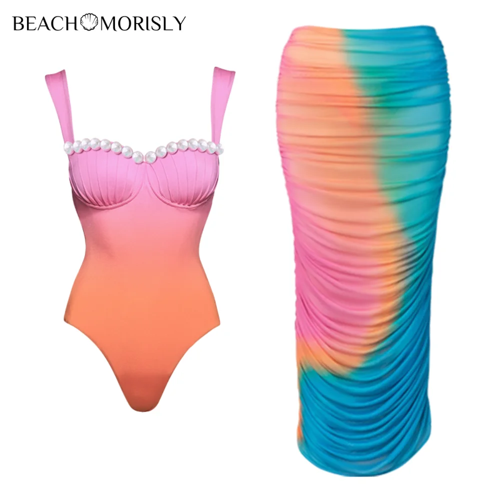 2024 New Women Sling Pearl Decor Color Block onepiece Swimsuit Set Swimwear Bathing Suit Bikini Monokini  tankini Beach dress