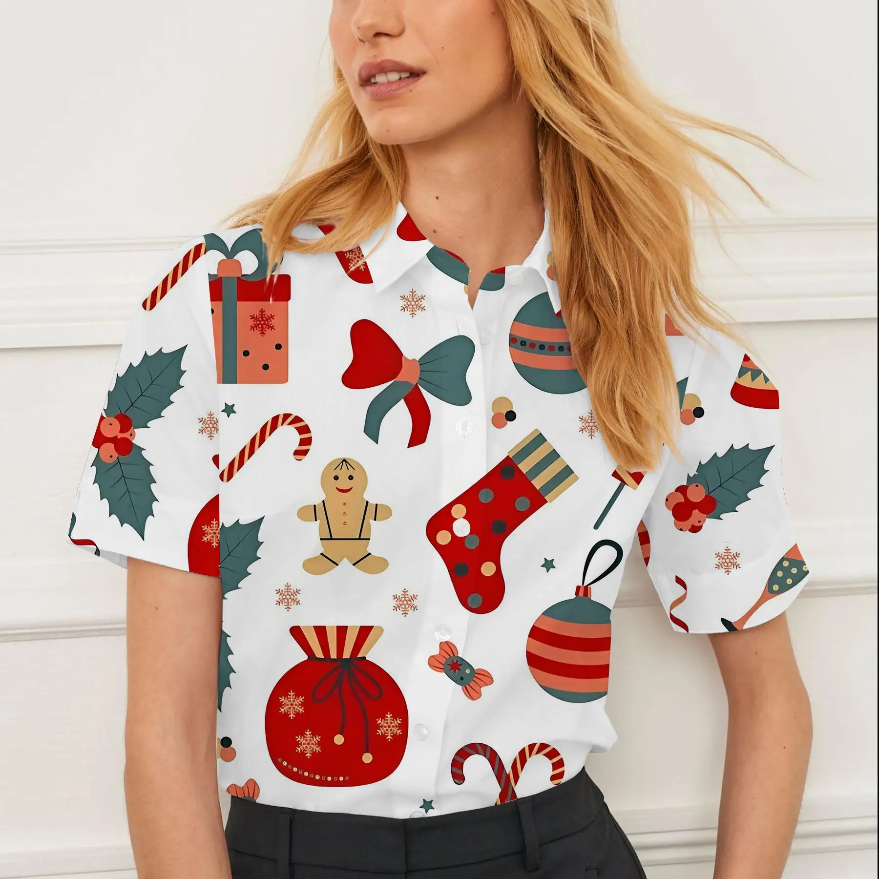 

Shirt summer casual short-sleeved lapel Christmas element pattern women's tops personality fashion women's clothing