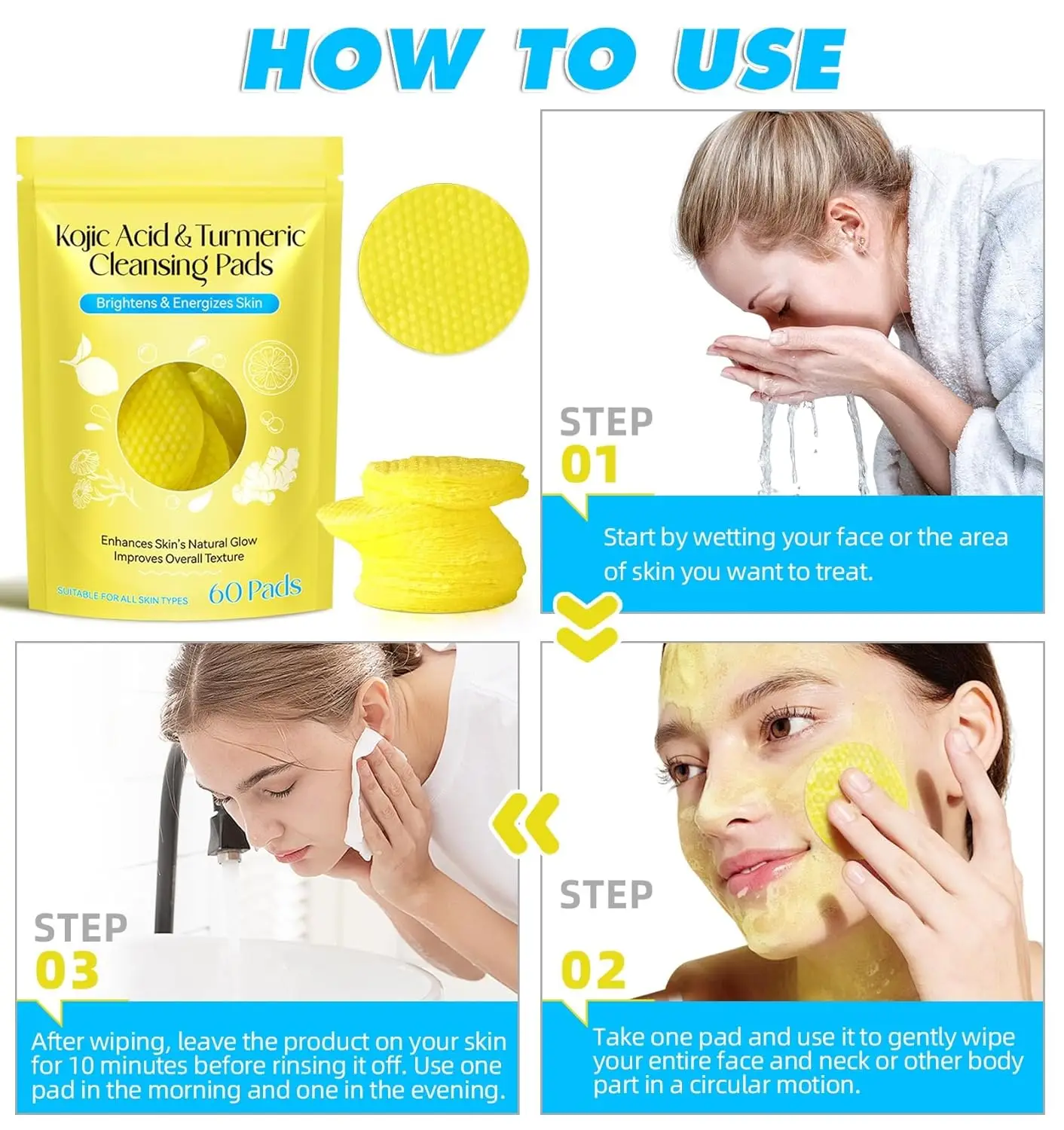 وسادات تنظيف حمض الكوجيك والكركم - تفتيح وتنشيط البشرة - تحسن الملمس والمتوهج - مناسبة لجميع أنواع البشرة