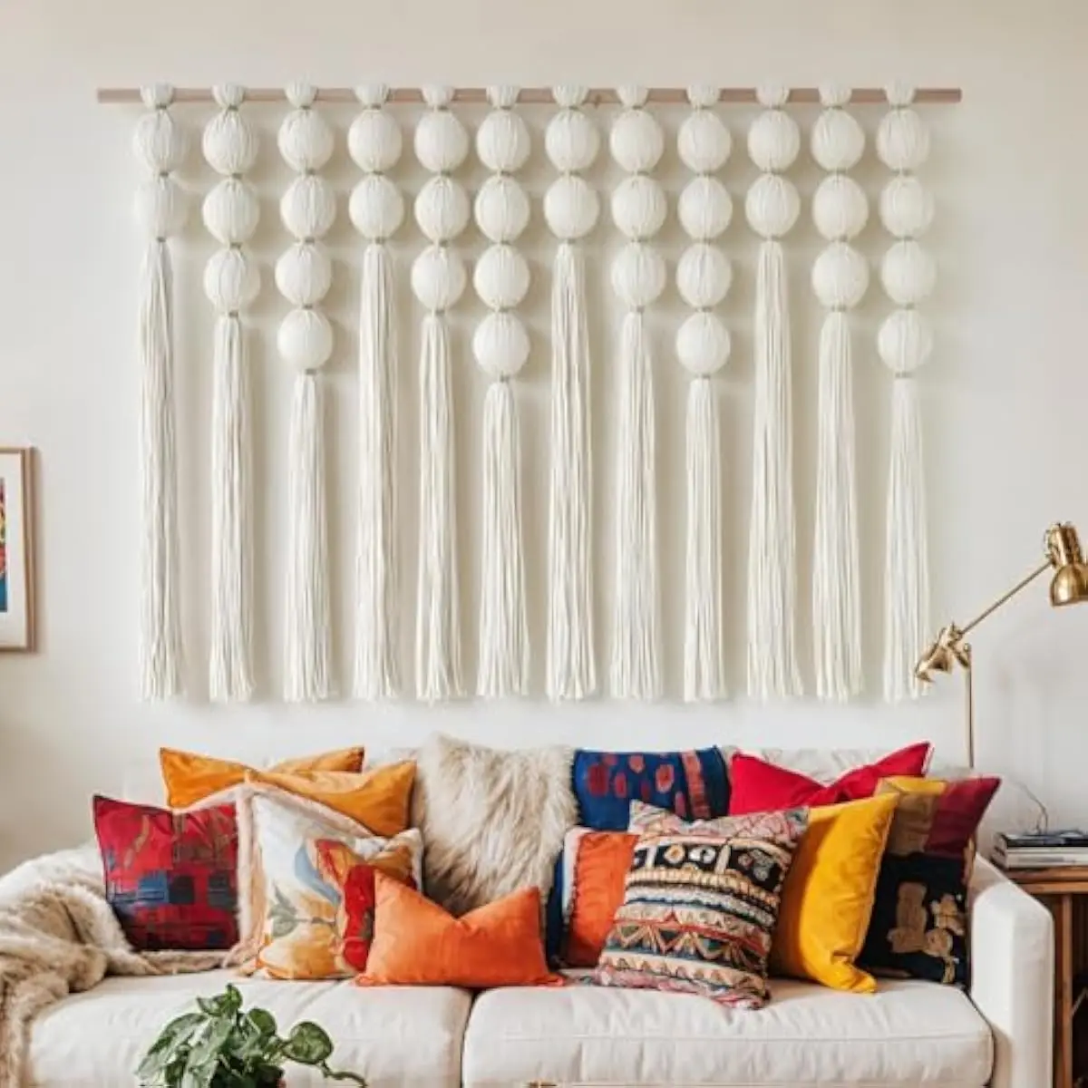 Macrame Wall Art Piece Featuring Geometric Knotwork and Layered Cotton Fibers for Textural Depth Natural Wood Rod Included Easy
