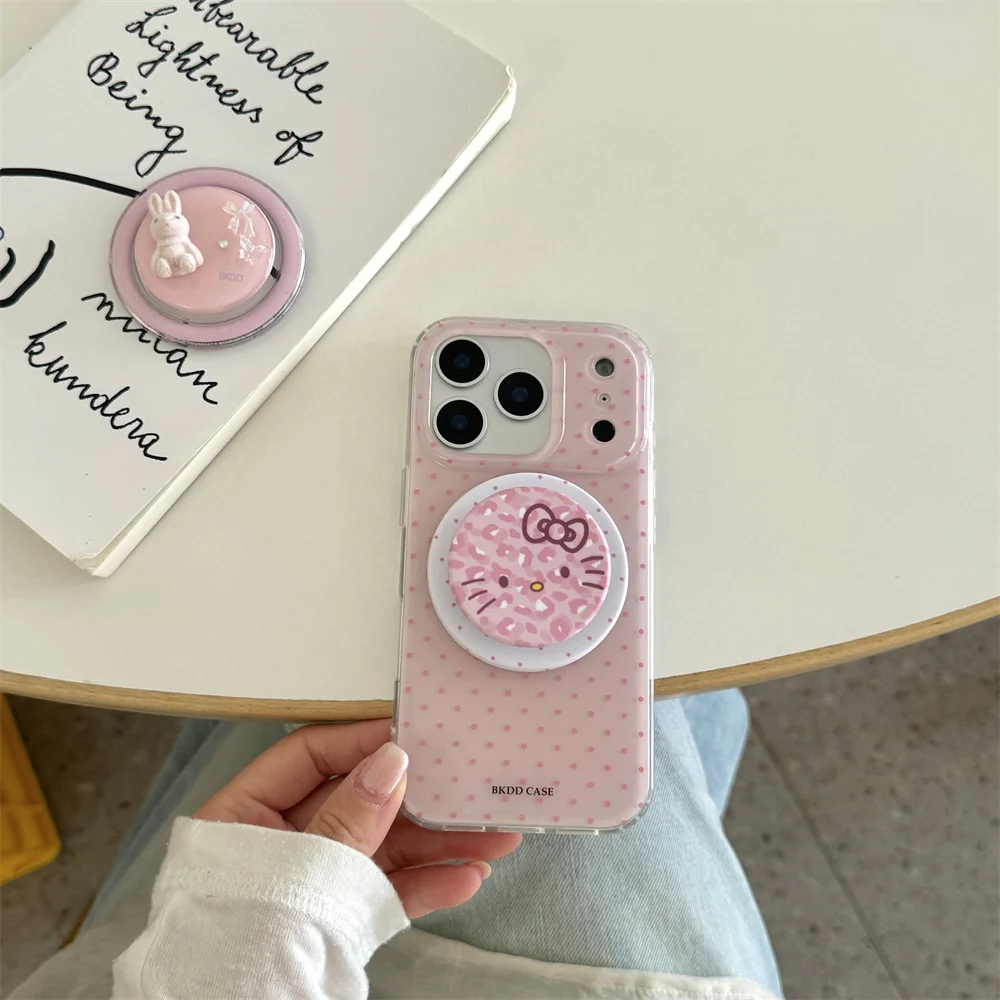 

Simple polka dot cute bunny leopard pattern Hellokitty magnetic holder phone case for iPhone 17 Pro Max 14 13 15 16 Pro Fundas