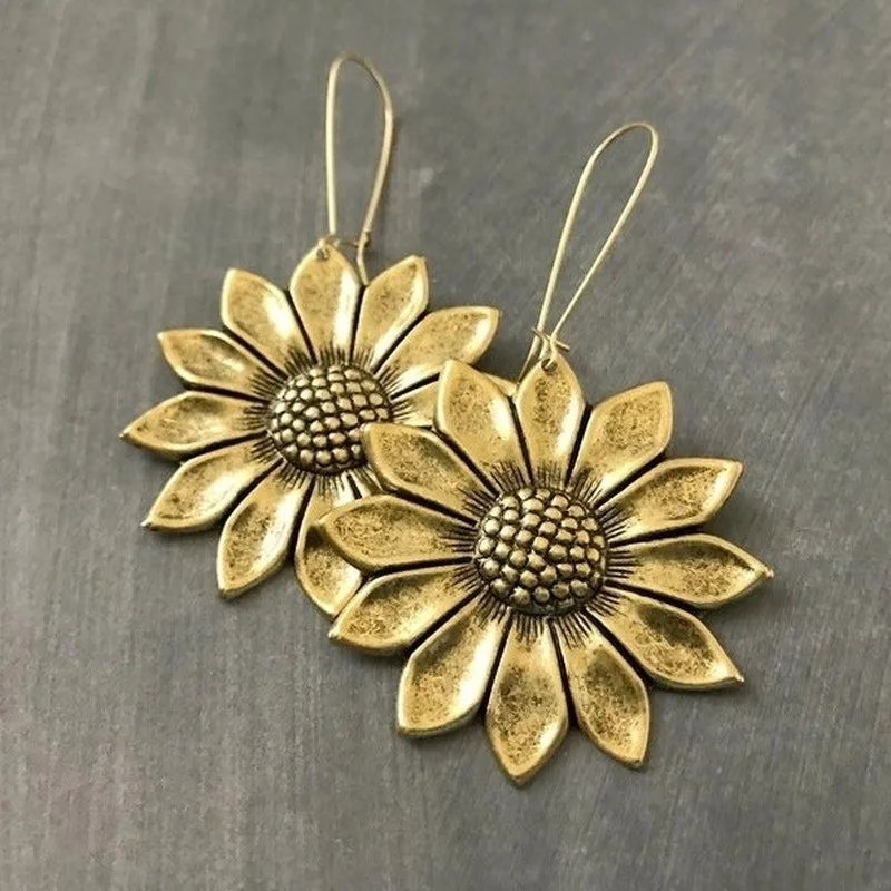 Luxury Gold Color Sunflower Earrings Large Sunflower Boho Floral Inspiration Statement Earrings Woodland Wedding Hippie Jewelry