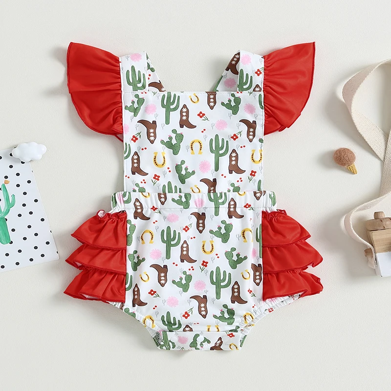 0-18 Months Baby Girl Romper Sleeveless Square Neck Cactus Boots Print Infant Bodysuit Toddler Newborn 2023 New Summer Clothes