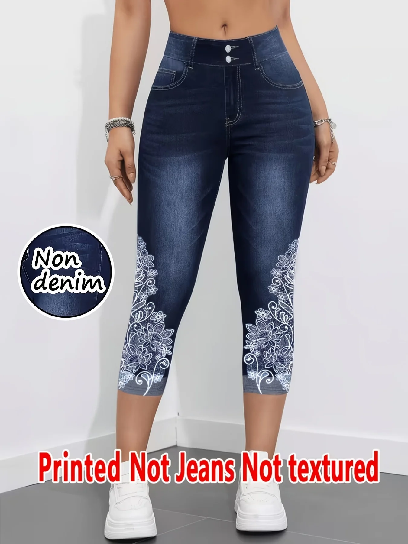 Women High Waist Faux Denim Capri Leggings Floral Lace Print Super Stretch Non‑Denim Slim Casual Cropped Pants
