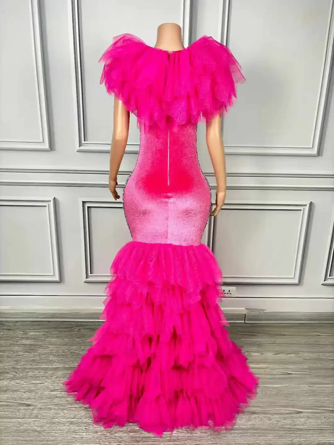 Elegant Rose Red Ruffle Floor Length Dress For Women Rhinestone Sparkly Dressy Singer Wedding Evening Stage Wear Drag Queen 2024