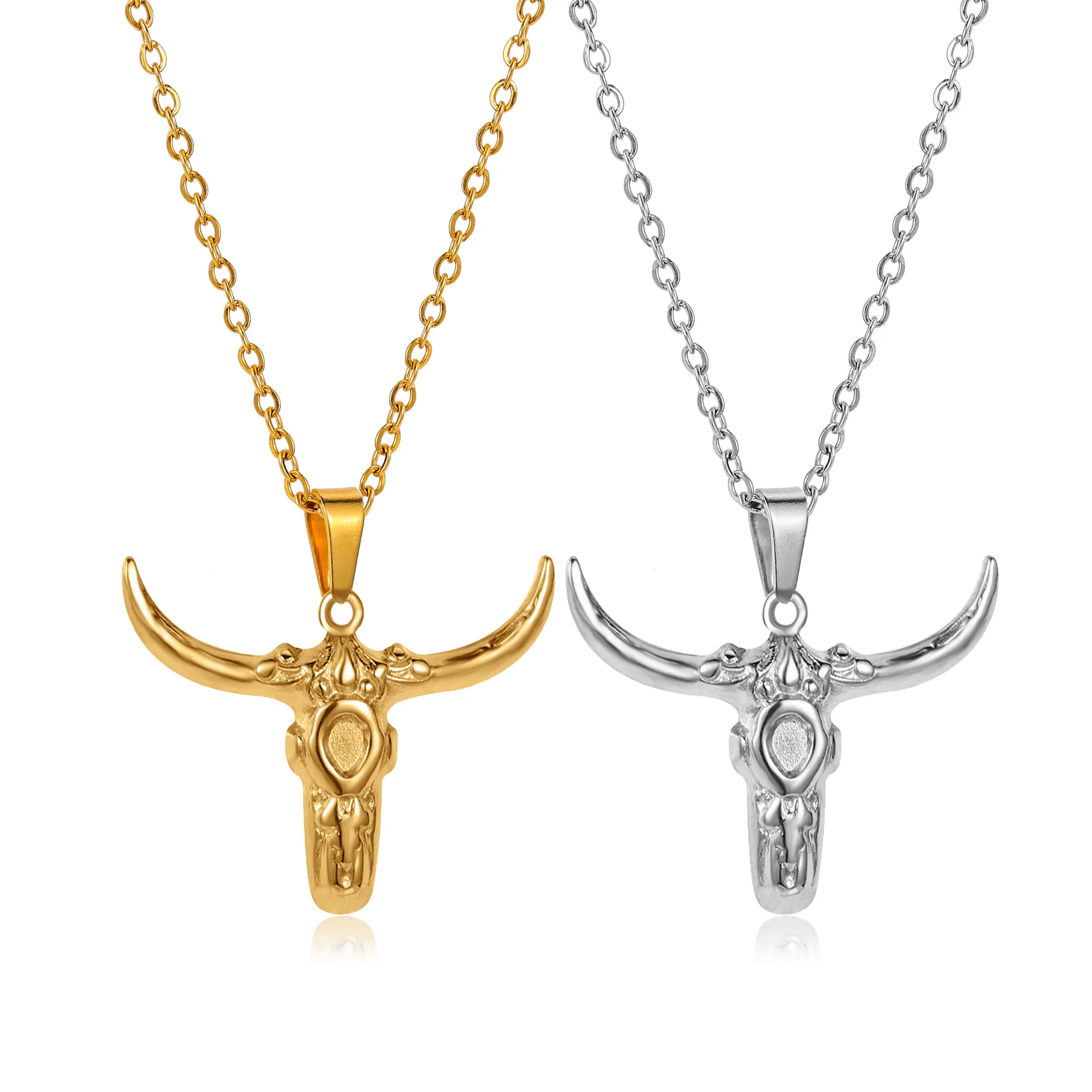 5PCS Stainless Steel National Style Indian Cow Head Pendant Necklace For Women Girls Ox’s Horn Chain Fashion Vintage Jewelry