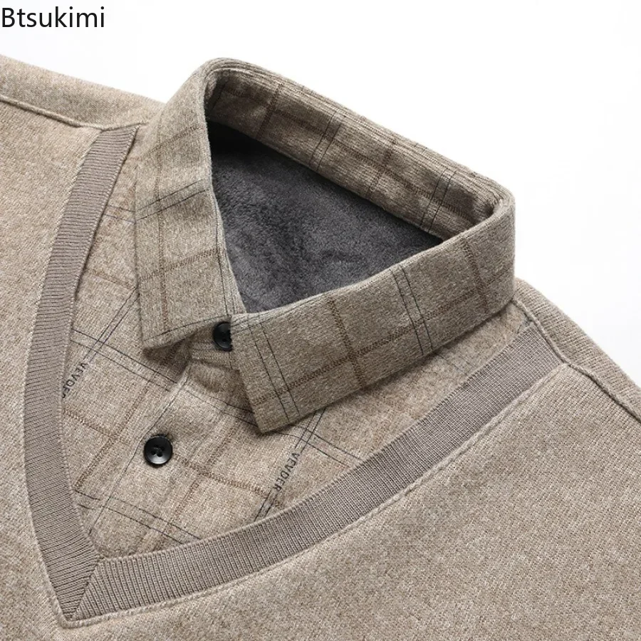 New 2025 Men's Business Casual Plus Velvet Thickened Sweater Pullover Autumn Winter Warm Fake Two-piece Knitwear Shirt Male Tops