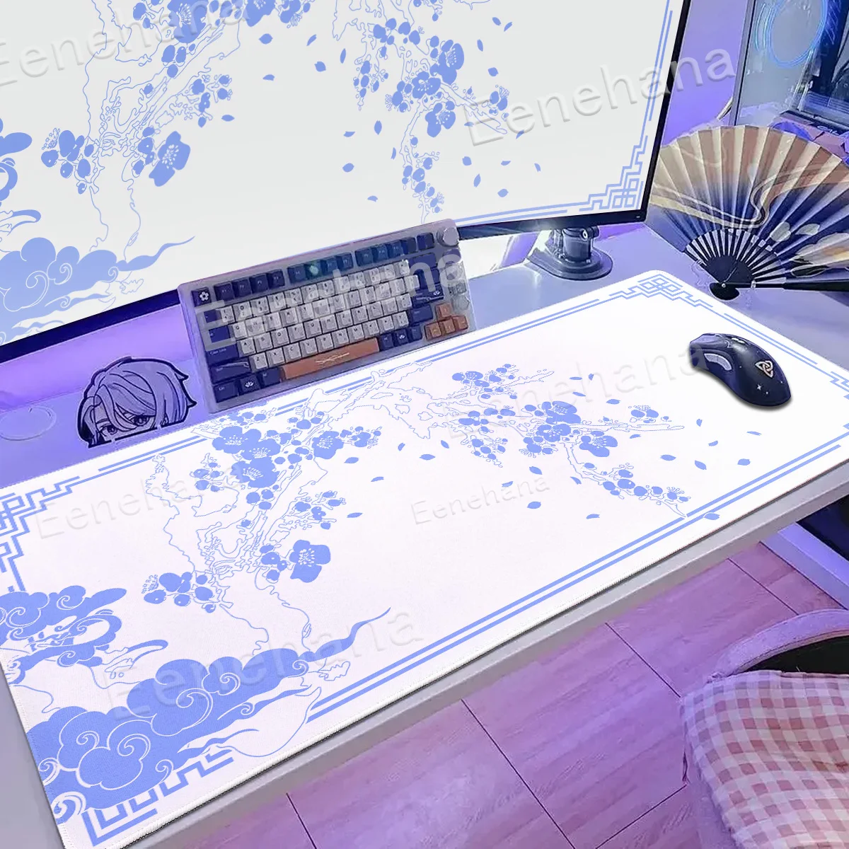 White Mouse Pad Japanese Style Cherry Blossom Larger Flower Xxl Gaming Laptop Computer Blue Desk Mats Accessories Office Carpets