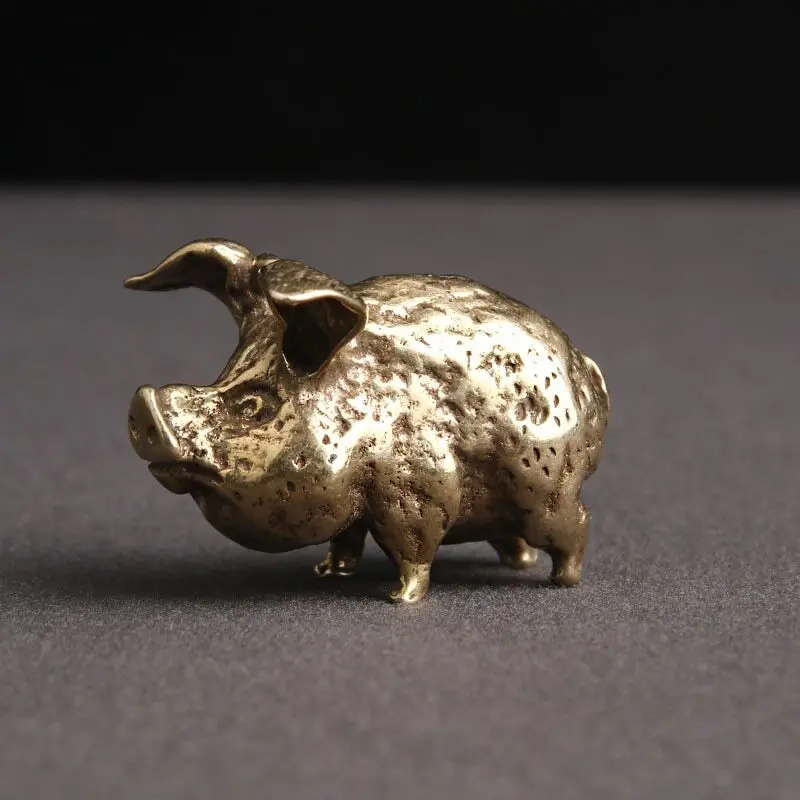 Vintage Solid Brass Chinese Zodiac Flying Pig Figurine Antique Copper Pig Statue Desktop Decor Collectible Ornament
