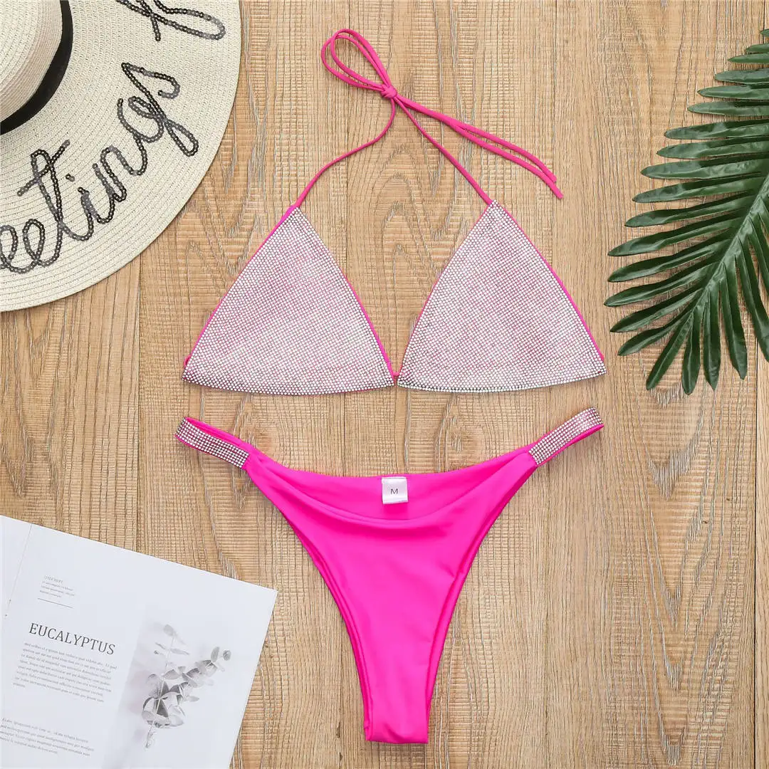 Luxuriöser, glänzender, mit Strasssteinen besetzter Bikini, Damen-Badeanzug, zweiteiliges Bikini-Set, Neckholder-Badeanzug, Badebekleidung, Badeanzug, Modell V2049 – Detail 15