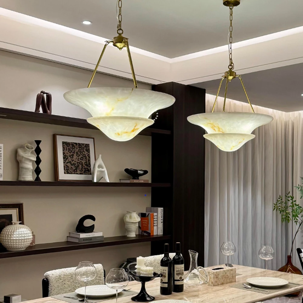 Round Artistic Marble Chandelier For Living Room Kitchen Table White Luxury Double Layer Hanging Lamp Led Lighting Fixture