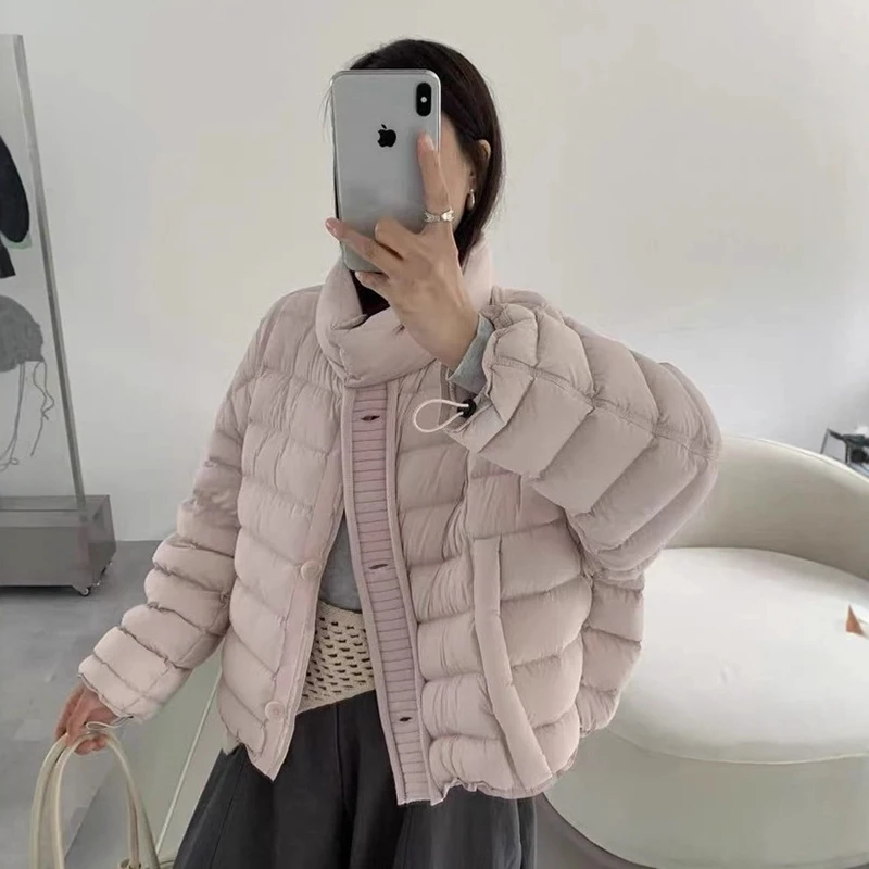 Winter Stand Collar Knitted Splicing Down Jacket Female Single Breasted Drawstring Jackets Women White Duck Down Parker Outwears