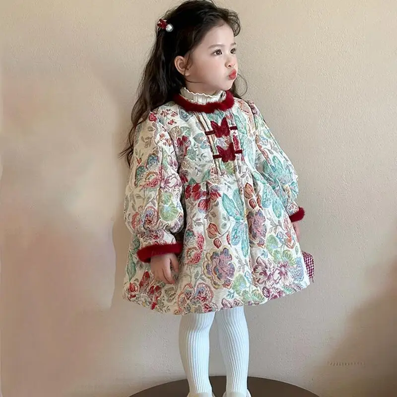 Hot Winter Cotton-Padded Jacket Girl Thicken Coat Tops Mid-Length Lace Child Keep Warm Kawaii Fashion New Style Casual Clothing