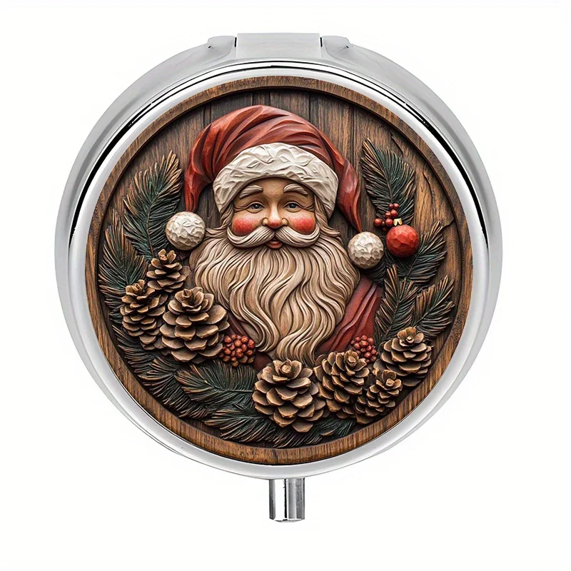 Single piece, flat circular three-compartment pill box, decorated with Santa Claus and pinecone patterns, small gift storage box, mini portable pill box, elegantly designed, suitable for gifting to elders and friends, made of metal
