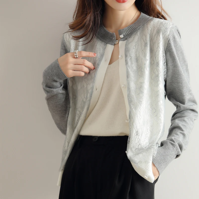 Spring Autumn New Fashion Women Sweater O-Neck Wool knitting Lace Combination Cardigan Warm Soft Slim Coat Casual Knit Tops