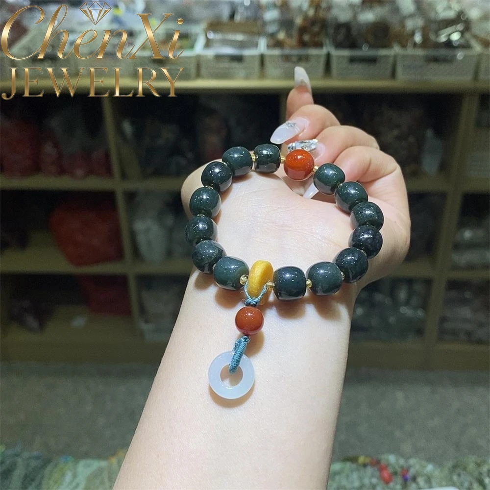 

High-End Natural Hetian Green Jade Bucket Bead Circular Bracelet Luxury Quality Fashion Fine Jewelry Exquisite Elegant Popular