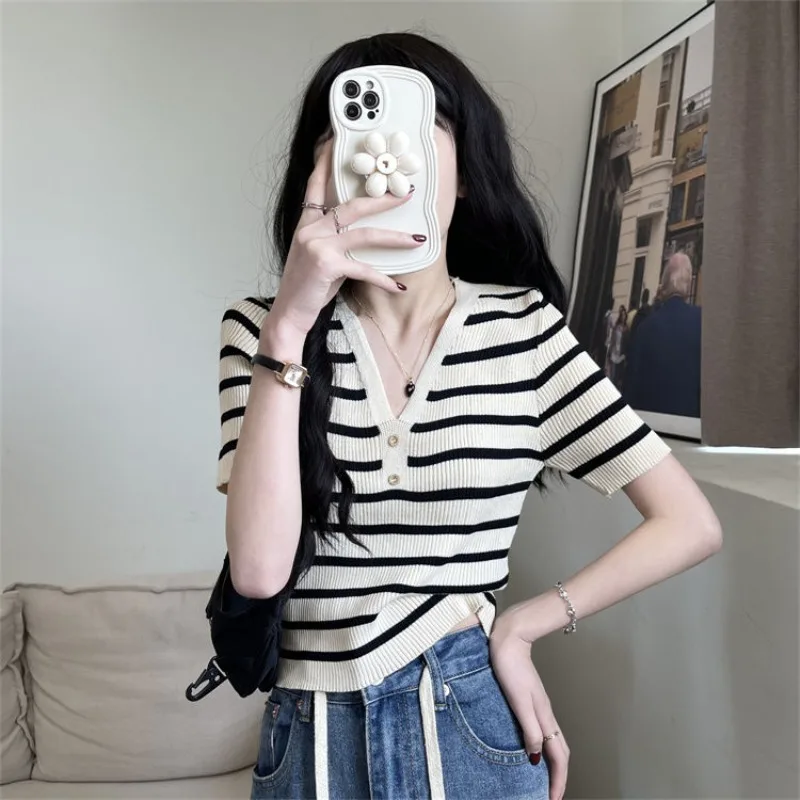 

Korean Style V Neck Short Sleeve Women Thin Tshirts Fashion Crop Top Striped Ropa Mujer Streetwear Pullovers Summer Knit Shirts