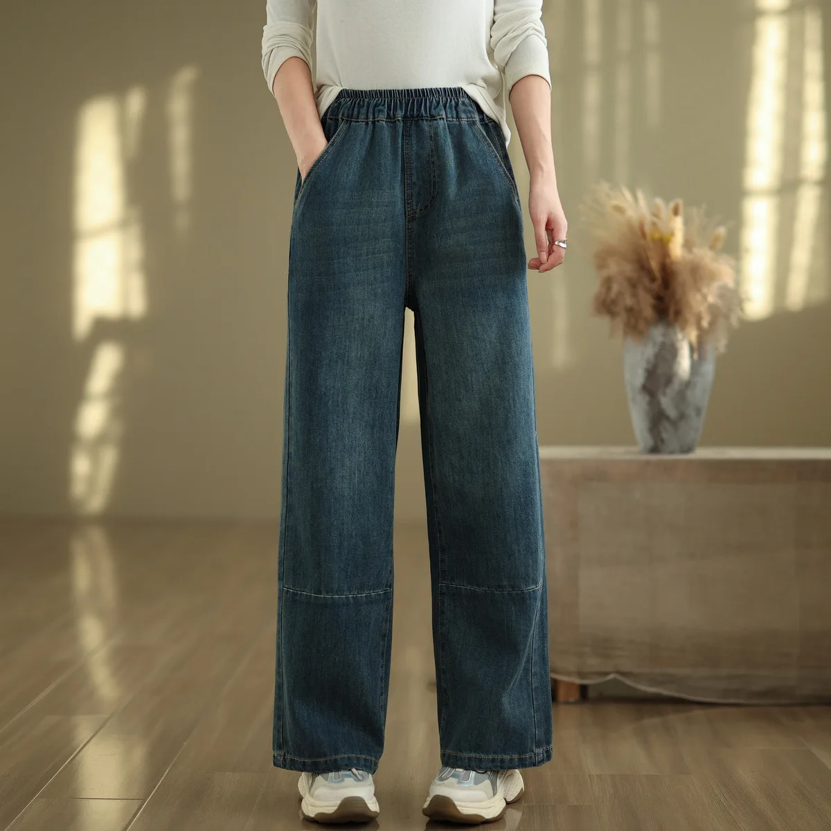 Aricaca Women Casual Wide Leg Blue Denim Pants High Waisted Jeans Blue Straight Leg Denim Pants Trousers