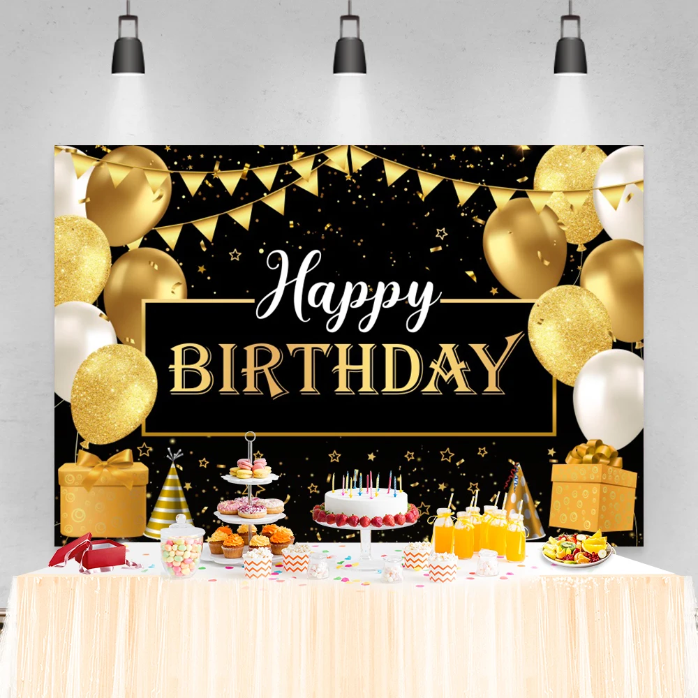 Fondo de fiesta de cumpleaños de adultos con globos dorados, cartel de fotografía de retrato de fiesta familiar, Decoración de mesa de pastel, Fondo de fotomatón