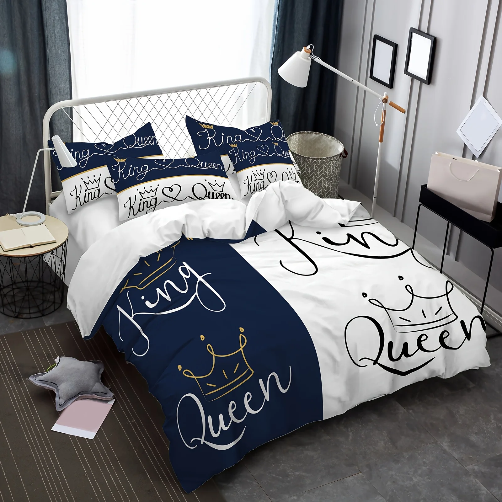 

Romantic Couple'S "King & Queen" Duvet Cover Set - Soft Polyester, All-Season Comfort, Machine Washable Digital Print with Crown
