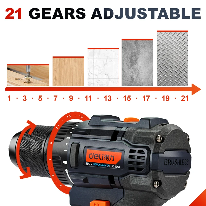 DELI 20V Brushless Cordless Drill Combo Kit Mini Electric Screwdriver 2 Speed Power Tools for Woodworking