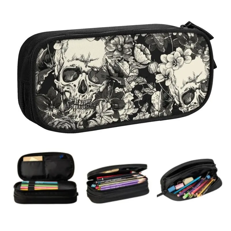 

Skulls And Roses Pencil Cases for Girl Boy Large Capacity Gothic Moth Pen Bag Box School Supplies