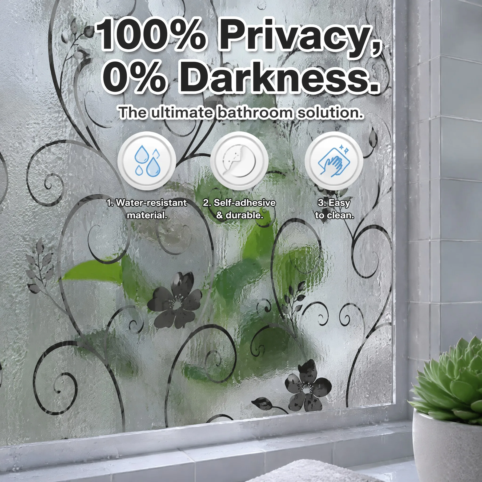 Elegant Retro Privacy Window Film Curly Vine Flower Design with Built-in Adhesive Soft Light Filter Cuttable PVC for Home Decor
